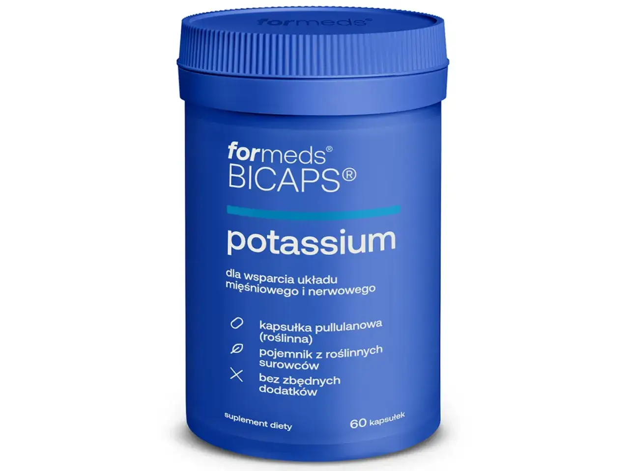 Niebieski pojemnik suplementu diety Formeds BICAPS Potassium. Warto rozważyć, kiedy brać potas, dla wsparcia mięśni i nerwów.