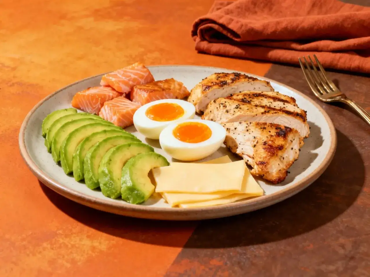 Talerz z łososiem, jajkami na twardo, awokado, serem i kurczakiem – idealne składniki na dietę keto.
