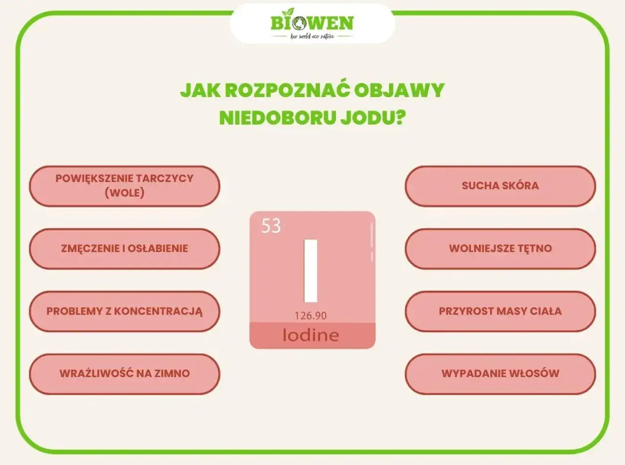 Objawy niedoboru jodu: powiększenie tarczycy, zmęczenie, problemy z koncentracją, sucha skóra, wolniejsze tętno, przyrost masy ciała, wypadanie włosów. Jodan potasu nie jest szkodliwy w zalecanych dawkach.