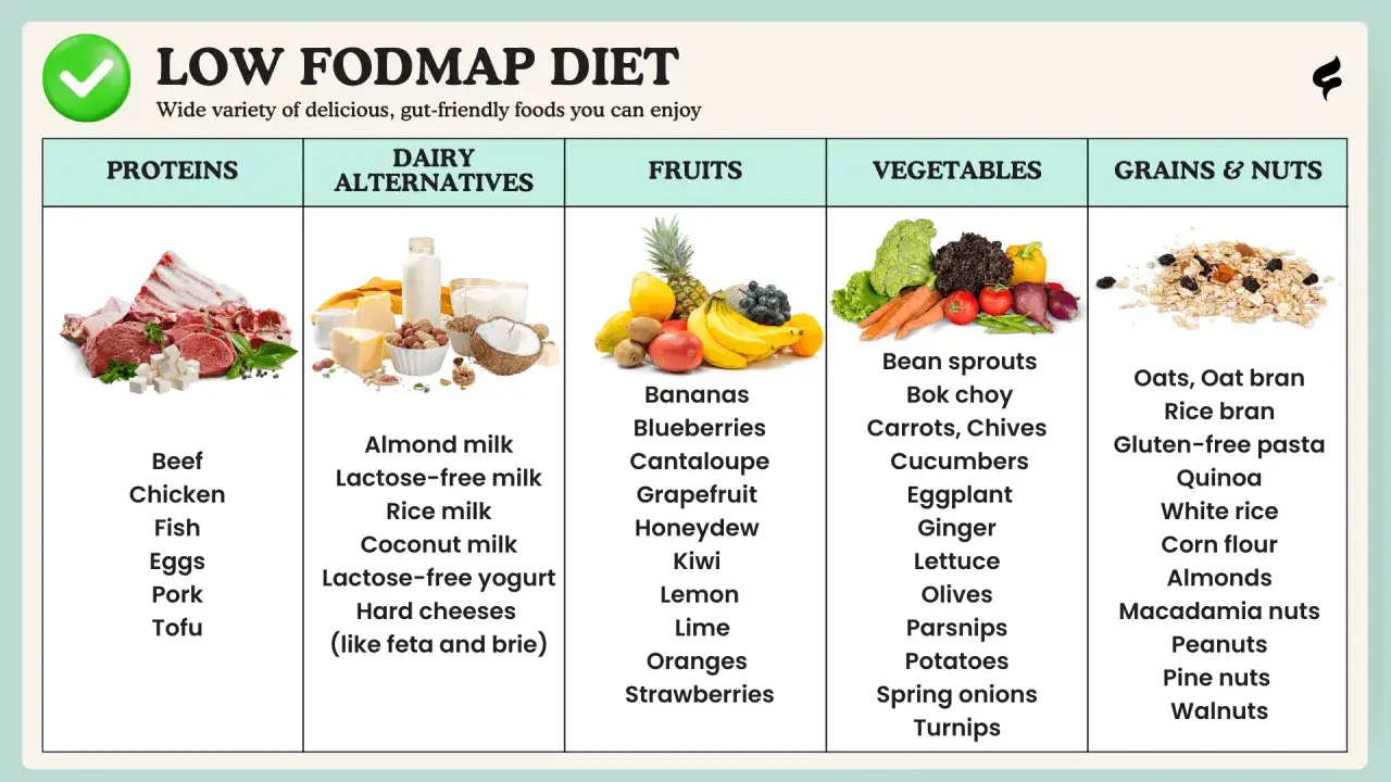 Tabela produktów dozwolonych na diecie low FODMAP: białka, nabiał bez laktozy, owoce, warzywa, zboża i orzechy. Idealna dla osób z problemami jelitowymi.