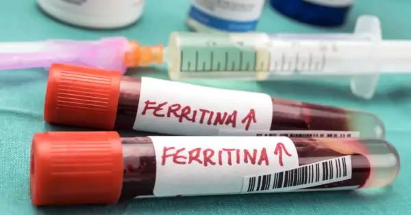 Dwie probówki z krwią oznaczone "Ferritina" i strzałką w górę, sugerujące potrzebę podniesienia poziomu ferrytyny. W tle strzykawka i inne materiały medyczne.