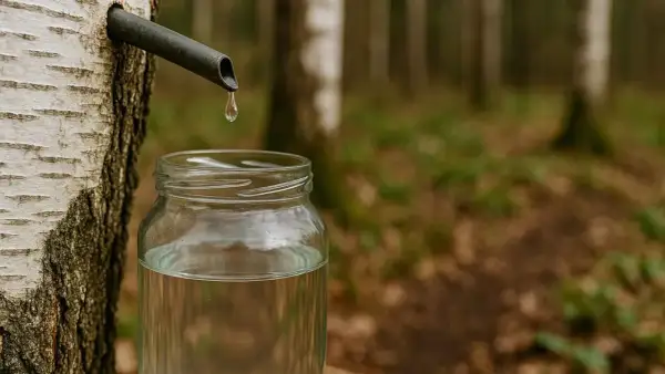 Kropla soku z brzozy spływa do słoika. Odkryj oskoła właściwości i naturalne bogactwo lasu.