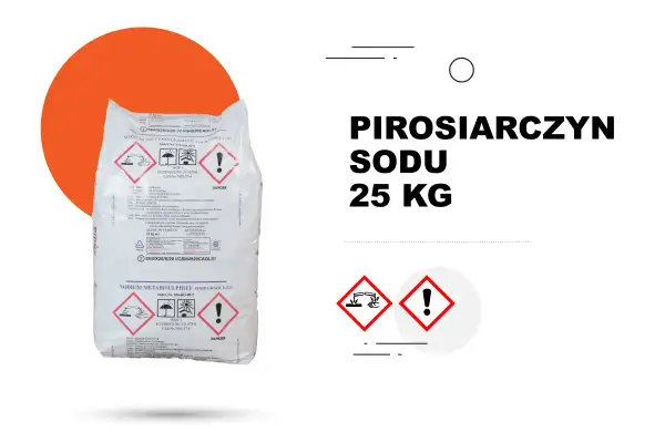 Worek z pirosiarczynem sodu 25 kg, z oznaczeniami ostrzegawczymi.