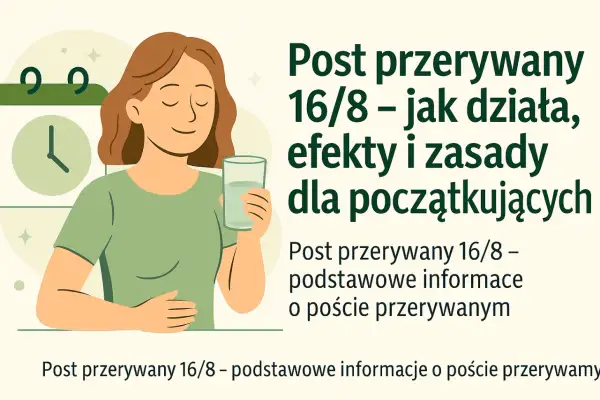 Kobieta z uśmiechem pije wodę, obok kalendarz i zegar. Temat: post przerywany 16/8.