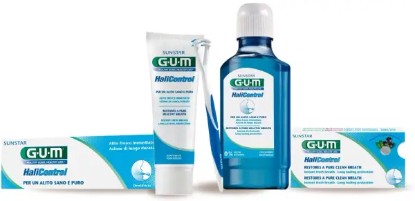 Zestaw produktów GUM HaliControl: pasta, płyn do płukania, tabletki i czyścik do języka, by zapomnieć o nieprzyjemnym zapachu z ust.