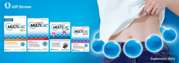 Synbiotyk MULTILAC dla dorosłych, dzieci i niemowląt. Wsparcie mikrobiomu jelitowego. Probiotyk i prebiotyk w jednym.