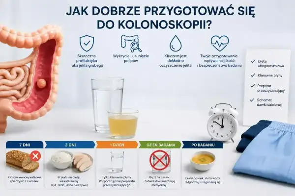 Jak przygotować się do kolonoskopii? Unikaj pieczywa z ziarnami i owoców pestkowych. Stosuj dietę lekkostrawną, klarowne płyny i preparat.