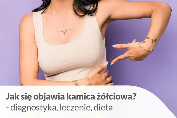 Kobieta wskazuje na prawy górny kwadrant brzucha, gdzie mogą występować objawy kamicy żółciowej.