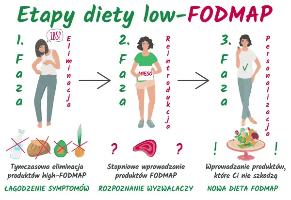 Trzy etapy diety low-FODMAP: eliminacja, reintrodukcja i personalizacja. Pomaga w łagodzeniu symptomów IBS.