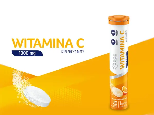 Wizualizacja suplementu diety z witaminą C 1000 mg w formie tabletek musujących o smaku pomarańczowym. Opakowanie zawiera 20 tabletek, zalecane witamina c 1000 dawkowanie to 1 tabletka dziennie.
