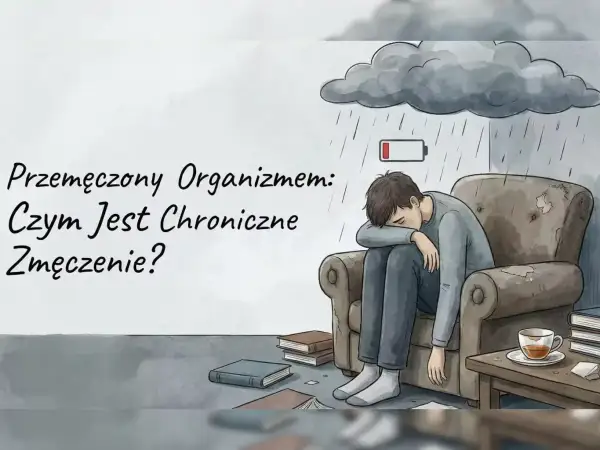 Chłopak siedzi w fotelu pod deszczową chmurą, z rozładowaną baterią nad głową. To obraz **osłabienia organizmu** i chronicznego zmęczenia.
